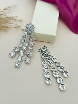 Round Shape Stones 3 Layered Silver Plated AD Necklace Set