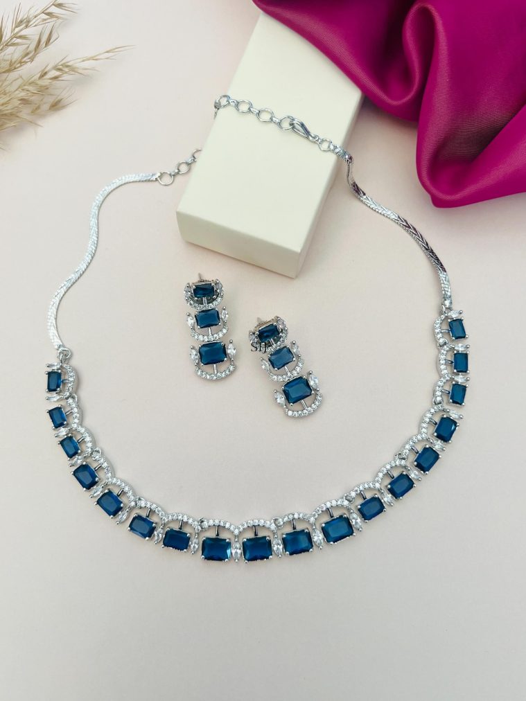 Royal Blue Silver Plated American Diamond Necklace