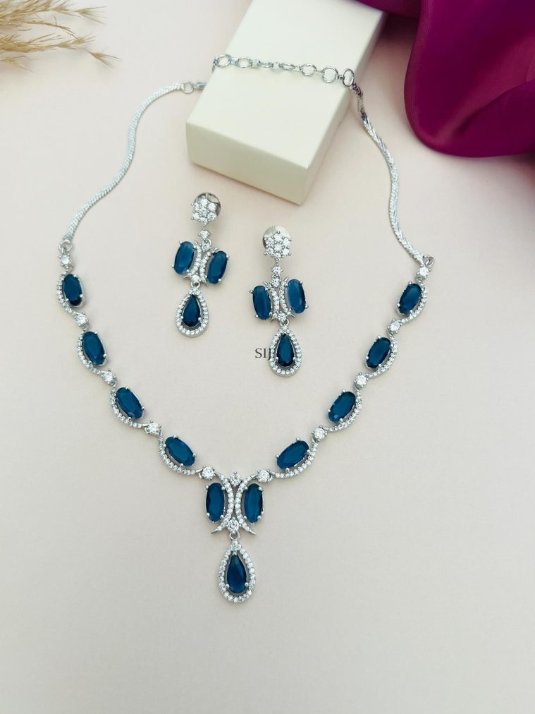 Silver Plated Blue American Diamond Necklace Set