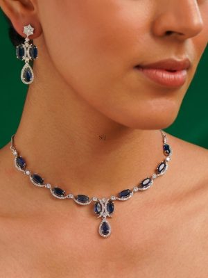 Silver Plated Blue American Diamond Necklace Set