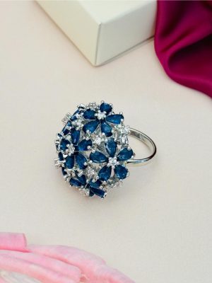 Silver Plated Blue &White Floral Design Finger Ring