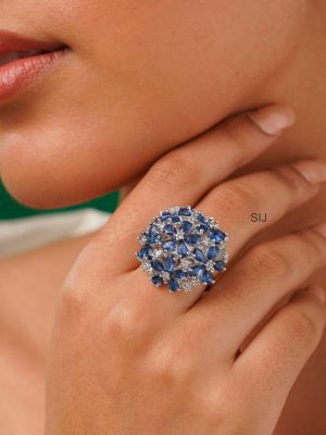 Silver Plated Blue &White Floral Design Finger Ring