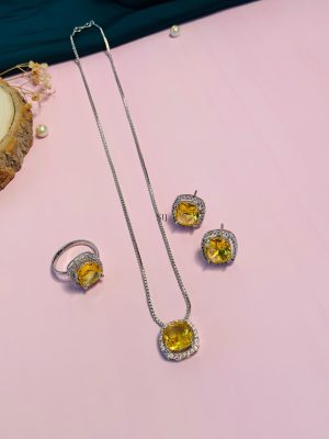 Silver Plated Yellow Diamond Alike Pendant Set