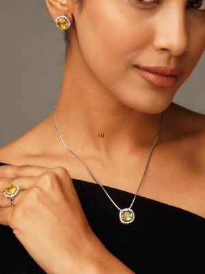 Silver Plated Yellow Diamond Alike Pendant Set