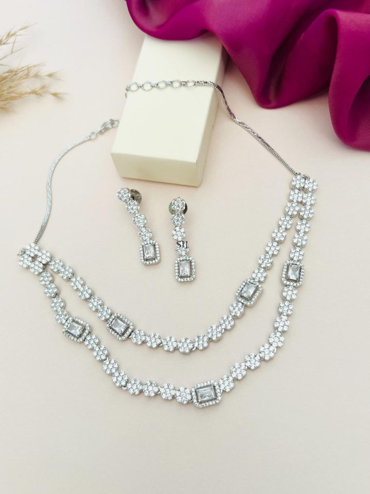 Square Shape Stones 2 Layered Silver Plated AD Necklace