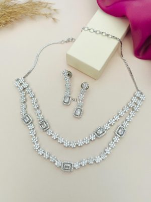 Square Shape Stones 2 Layered Silver Plated AD Necklace