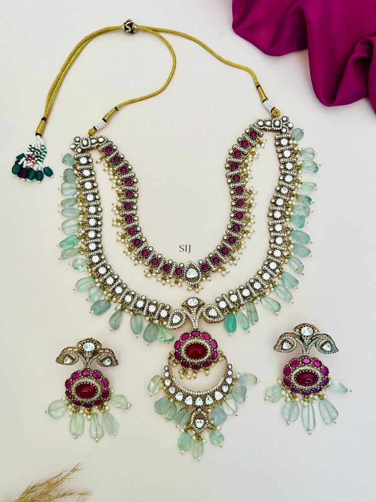 Two Layered Beaded Drop Oxidized Polki AD Necklace