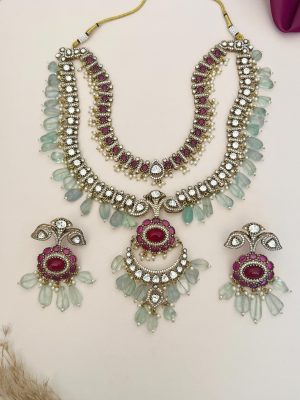 Two Layered Beaded Drop Oxidized Polki AD Necklace