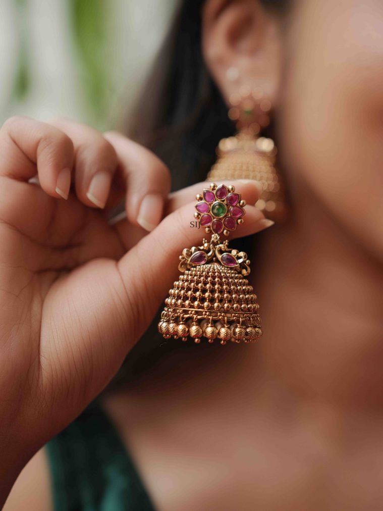 Antique Finish Kemp Stones Floral Earrings with Jhumkas