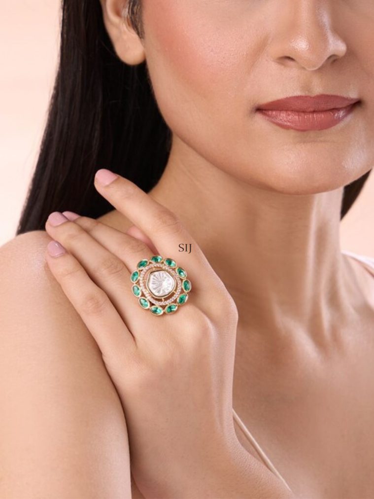 Gold Plated Green and White Polki Studded Finger Ring