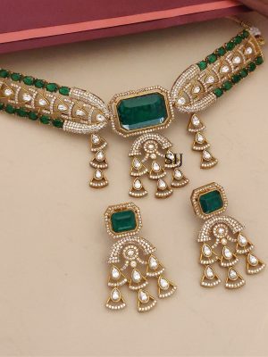 Gold Plated Green And White AD Stones Necklace Set