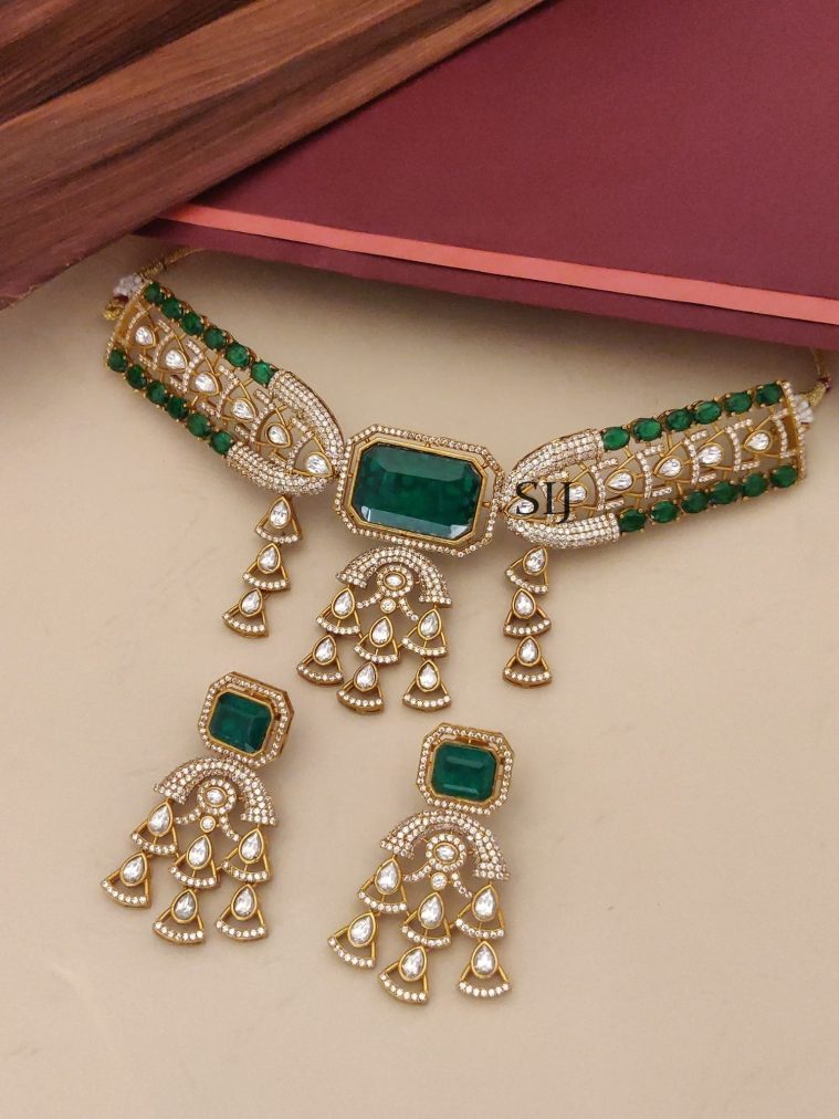 Gold Plated Green And White AD Stones Necklace Set