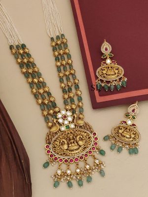 Lakshmi Pendant Rajwadi Style Beaded Long Necklace Set