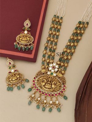 Lakshmi Pendant Rajwadi Style Beaded Long Necklace Set