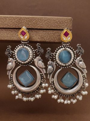 German Silver Dual Elephants Chand Bali Earrings with Blue Stone