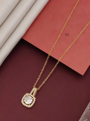 Gold Plated Square Shape AD Stone Pendant Chain