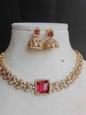 Imitation Emerald and White Stones Necklace with Jhumkas