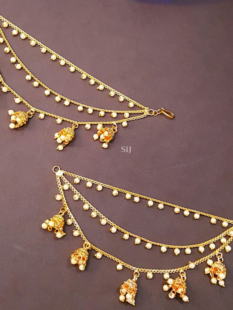 Gold Polish Ear Chains with Jhumkas and Pearl