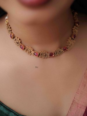 Antique Finish Leaf Design Ruby Stone Necklace Set