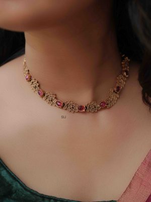 Antique Finish Leaf Design Ruby Stone Necklace Set