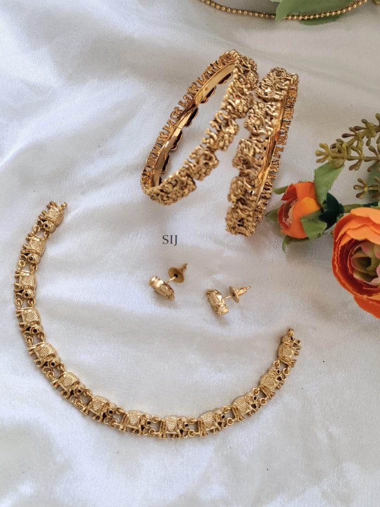 Antique Gold Finish Elephant Design Necklace with Bangles