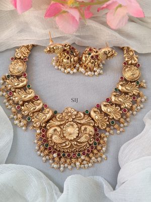 Gold Covering Pearl Drop Peacock Motif Necklace