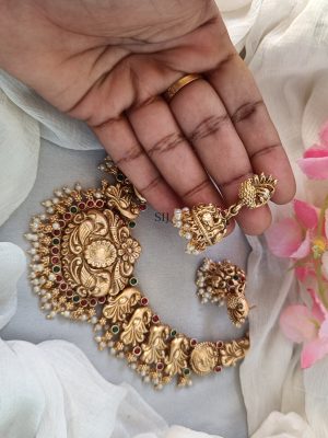 Gold Covering Pearl Drop Peacock Motif Necklace