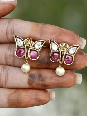 Gold Finish Kemp &Kundan Butterfly Ear Studs