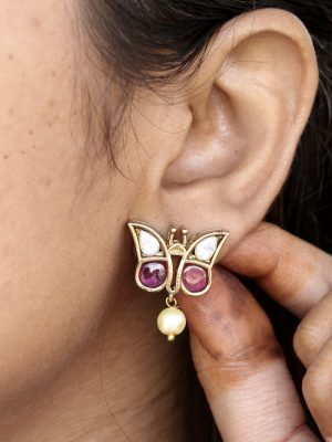Gold Finish Kemp &Kundan Butterfly Ear Studs