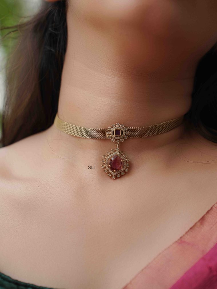Gold Finish Ruby &White Stones Choker