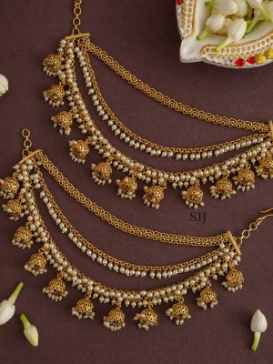 Gold Plated 3 Layered Pearl Mattal with Jhumka Hangings