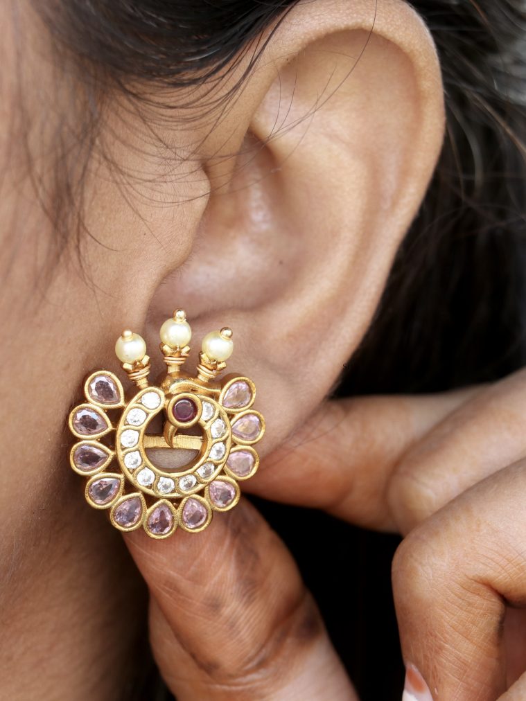 Peacock Design AD Stones and Pearl Ear Studs