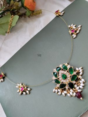 Green Jadau Kundan &Pearl Invisible Necklace Set