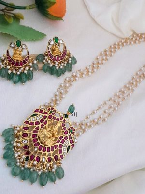 Lakshmi Pendant Long Pearl One Gram Gold Haram Set