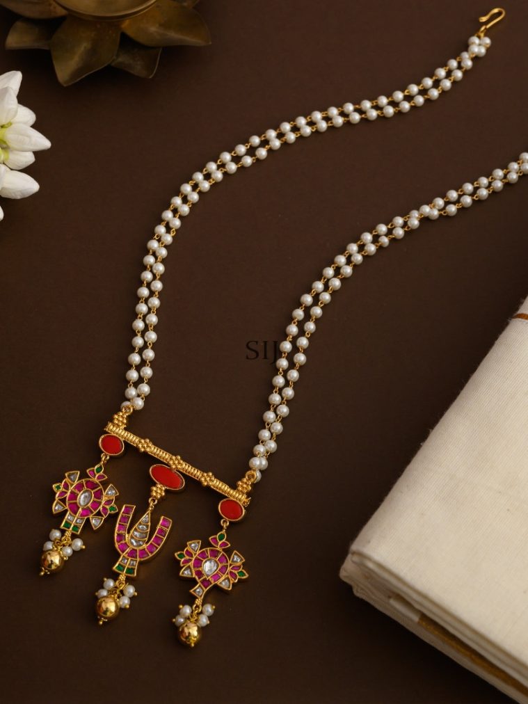 Namam Sangu Chakram Kundan Jadau Pendant Pearl Chain