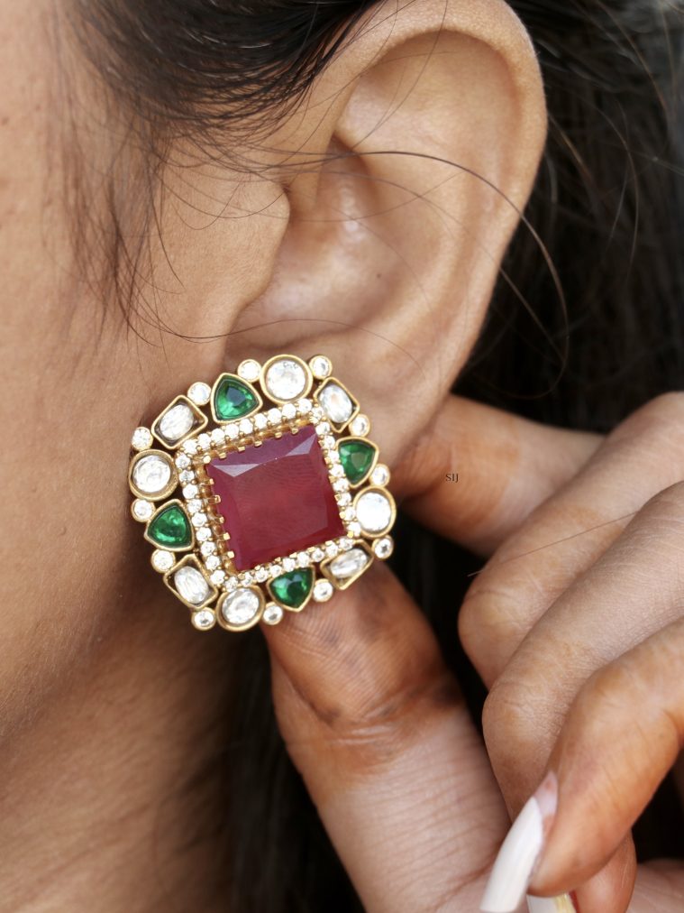 Square Design Multicolor Stones Ear Studs