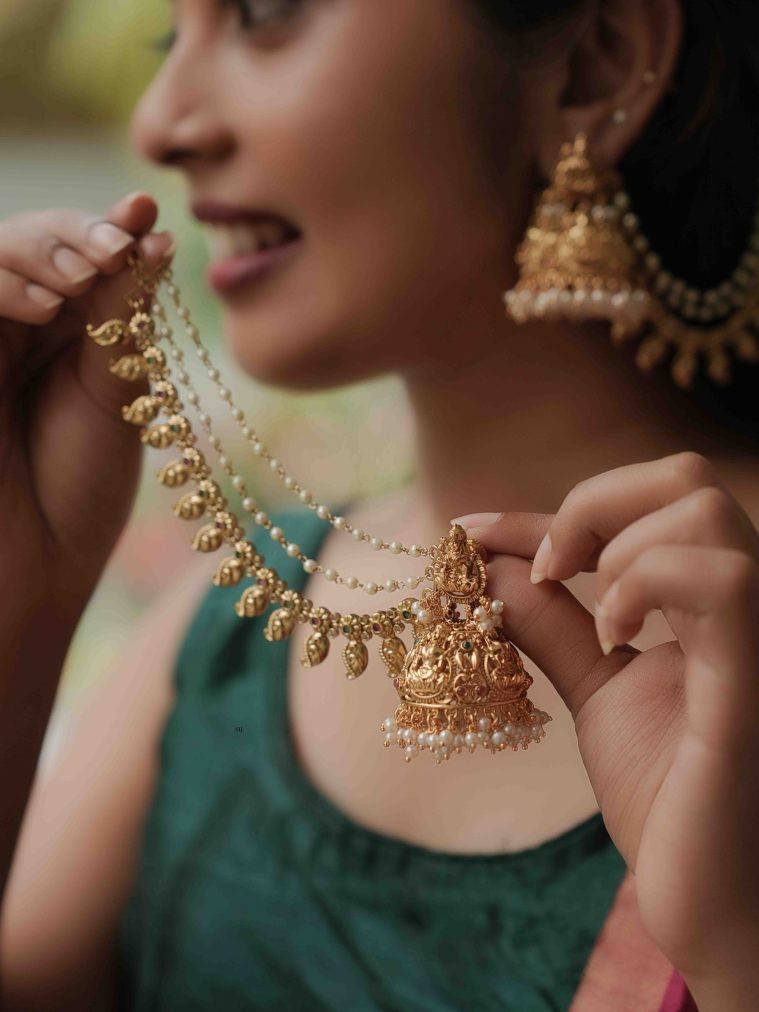 Temple Lakshmi Motif Jhumka with 3 Layered Mattals