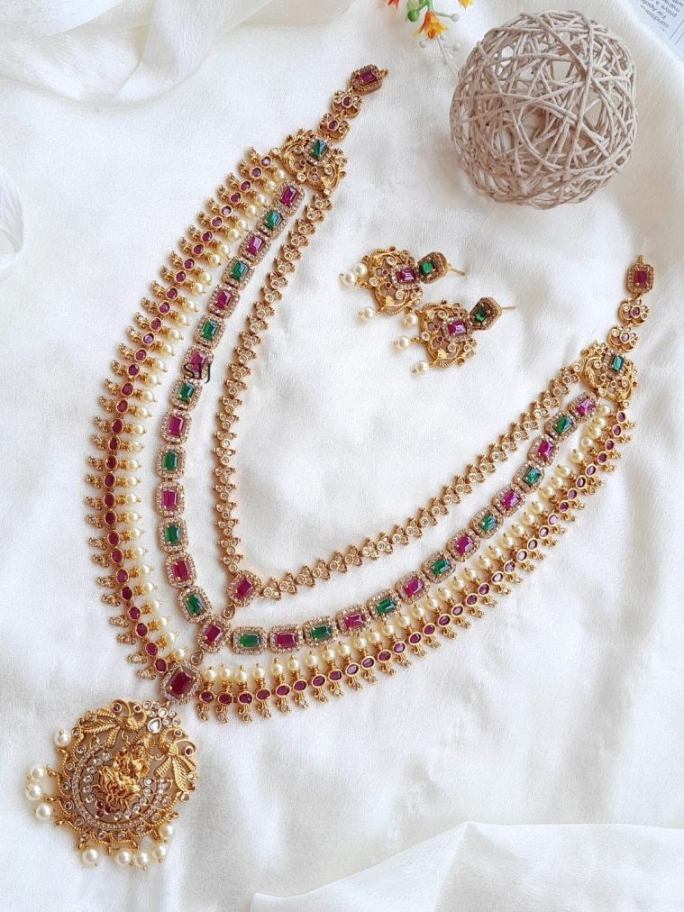 Temple Lakshmi Pendant 3 layered Kemp Necklace Set