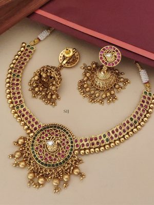 Traditional Peacock Motif Golden Beads Dropped Pendant Necklace