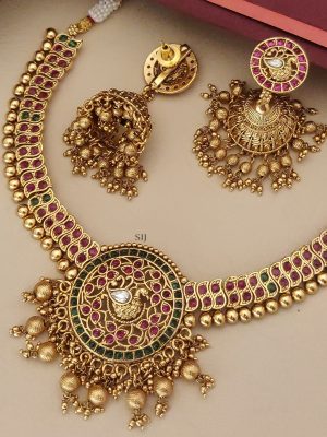 Traditional Peacock Motif Golden Beads Dropped Pendant Necklace