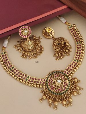 Traditional Peacock Motif Golden Beads Dropped Pendant Necklace