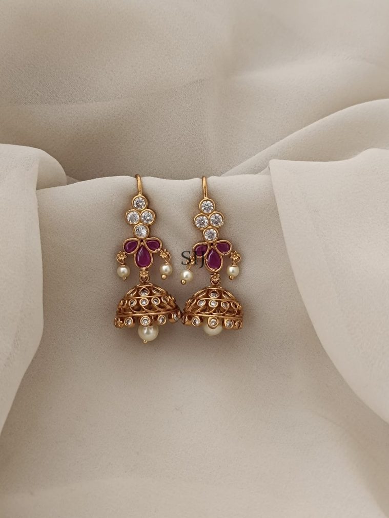 Traditional Ruby & White Stone Hook Earrings