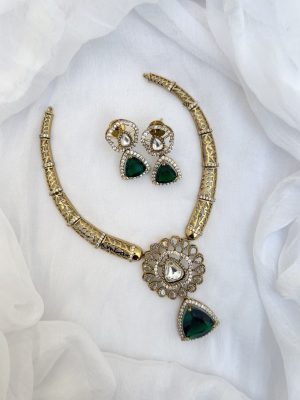 Gold Finish Green Stone Hanging Pendant Hasli Necklace