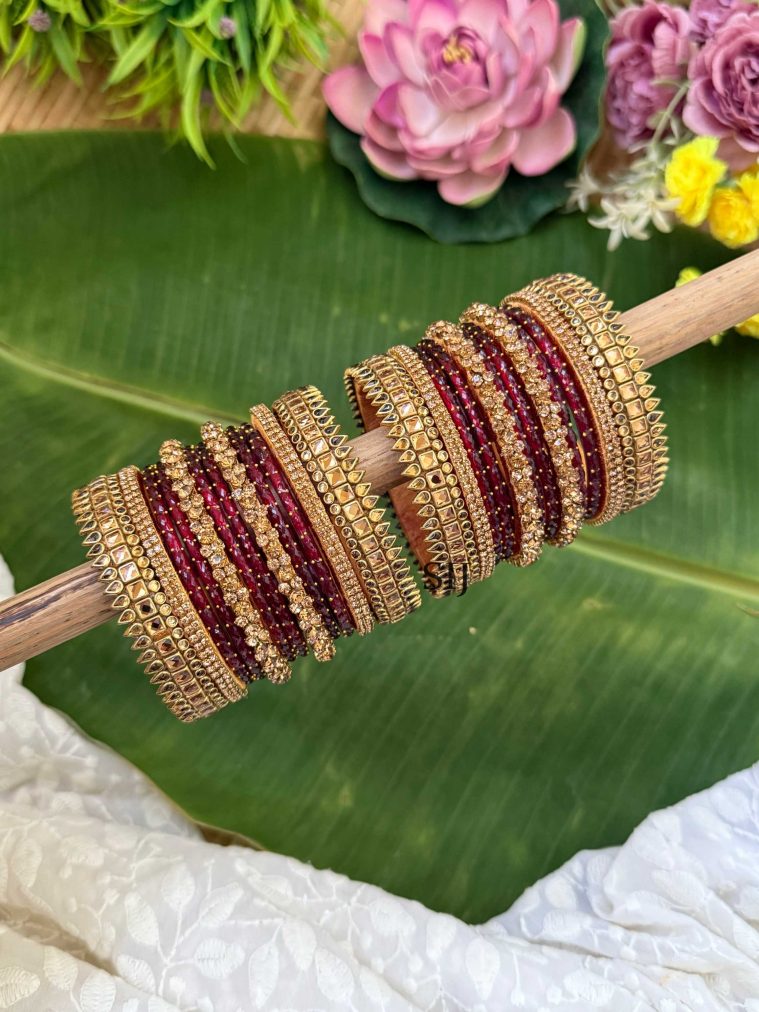 Handmade Maroon Silk thread Glass Bangles Set