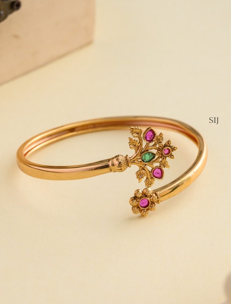 Gold polish Multi Color Stones Leaf Design Open Type Bracelet