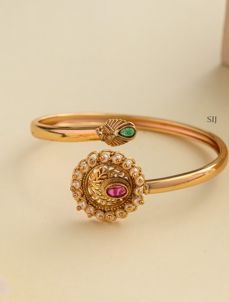 Gold Finish Pearl Round Chakra Design Open Type Bracelet Bangle