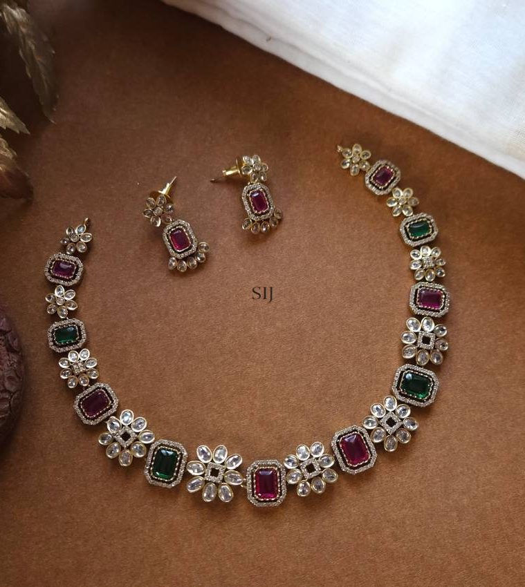 AD Stones Flower and Square Design Victorian Necklace
