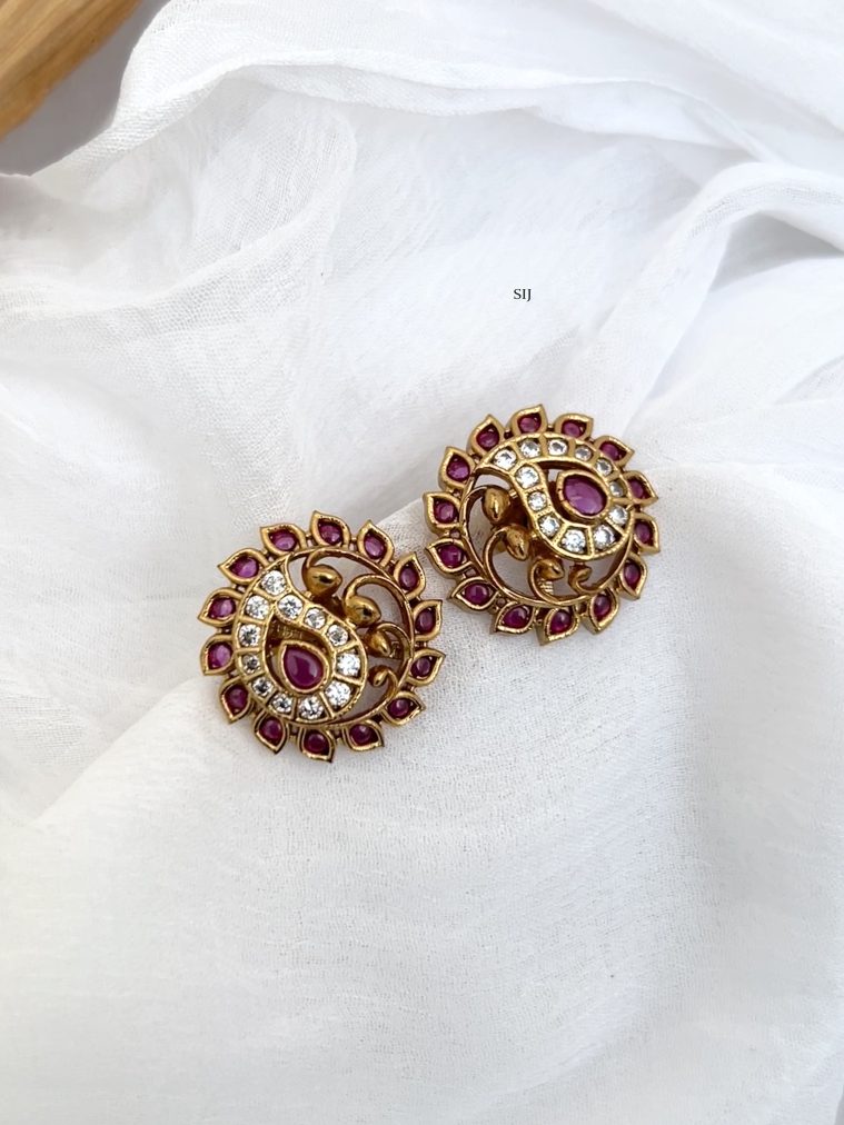 Floral Design Red and White Stones Ear Studs