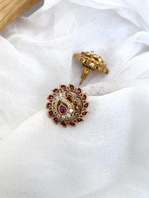 Floral Design Red and White Stones Ear Studs