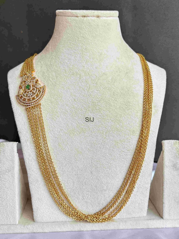 Gold Plated Multi Layer Chandra Haram with Dual Peacock Side Locket
